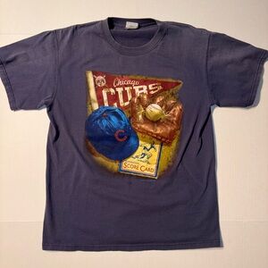 Vtg Chicago Cubs MLB Score Card Faded Blue Y2K Baseball Graphic T-shirt Medium